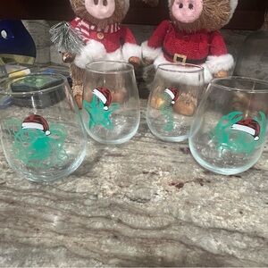 Holiday Christmas starfish seahorse Octopus & Crab Stemless Glass Set quantity 4
